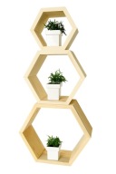 Zestaw 3 drewnianych półek ściennych heksagon – naturalne drewno