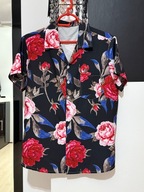 Y Koszula hawajska czerń duże kolorowe malownicze kwiaty kieszeń XL