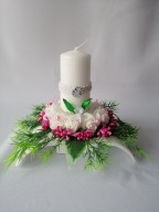 Stroiki Komunia Świeca IHS Kwiaty Białe Piankowe Z Dodatkami Różowymi