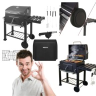 GRILL WĘGLOWY OGRODOWY ŻELIWNY RUSZT Z POKRYWĄ POPIELNIK + TERMOMETR HIT