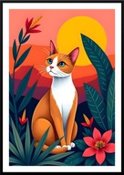 A2 KOLOROWY OBRAZ PLAKAT Z KOTEM, RUDY KOT WŚRÓD ROŚLINNOŚCI NA TLE SŁOŃCA