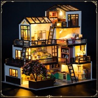 Drewniany Model Domu DIY 3-Piętrowa Willa LED Zestaw Kreatywny Prezent HIT!