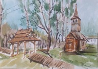 Akwarela Obraz Pejzaż Drewniany kościółek