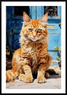 KOLOROWY PLAKAT A2 KOTY SIEDZĄCE POD DRZWAMI, AKWARELA PASTELA RUDY KOT CAT