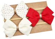 Opaski na głowę z kokardkami na święta ecru biała w groszki i czerwona