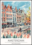 A2 KOLOROWY PLAKAT MIASTO AMSTERDAM HOLANDIA NIDERLANDY TULIPANY AKWARELA