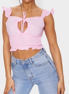 PrettyLittleThing różowy crop top XS 34 marszczony krótki casual