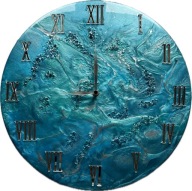 Zegar zdobiony żywicą. Odcienie błękitu i turkusu ze srebrem