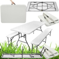 Duży Stół Ogrodowy Składany Cateringowy Bankietowy 180 cm + 2 Ławki Walizka