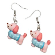 Kolczyki Różowe JAMNIKI w Niebieskich Sweterkach PIESKI Żywiczne Zabawny