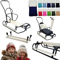 POLSKE SANKI DLA DZIECI METALOWE DREWNIANE OPARCIE PCHACZ ŚPIWOREK PODNÓŻKI