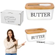 Maselniczka Ceramiczna Biała z Nożykiem Nożem na Masło z Pokrywką Bambusową