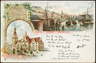 Gruss aus Duisburg. Hafen, Hafenamt, Marienkirche - J. Miesler 1899 Litho