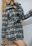 Wełniany płaszcz trencz z paskiem bombka vintage M