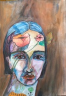 Akwarela, portret, kobieta, mak