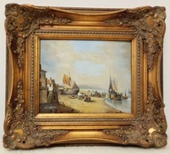 Obraz olejny M. Hoffman – port, żaglowiec, koń – rama Roe Bros marynistyka