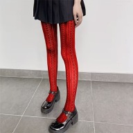 RAJSTOPY 30 DEN AŻUROWE CZERWONE KWIATOWY WZÓR ANIME POLIESTER ELASTYCZNE