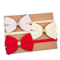 Opaski kokardki zestaw 3 szt jasny róż kremowa i czerwona dla dziewczynki