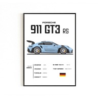 Plakat samochód Porsche GT3rs ze specyfikacjami plakaty na ścianę dekoracje