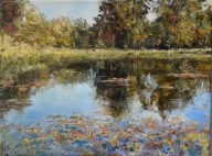 Liściena wodzie" obraz olejny na płótnie 30x40cm , oryginał Garncarek Al,,,