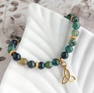 Bransoletka z agatem mszystym z triquetrą, zielona z zapięciem i regulacją