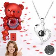 MIŚ Z RÓŻĄ NASZYJNIK PREZENT NA WALENTYNKI DLA NIEJ + PŁATKI RÓŻ