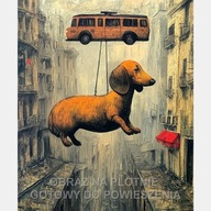 Latatajacy jamnik podwieszony na autobusie, obraz na płótnie 70x50