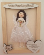 Pamiątka Pierwszej Komunii Świętej w ramce, Anioł Stróż makrama, grawer