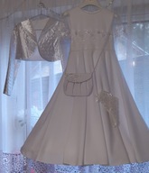 SUKIENKA BIAŁA KOMUNIA 134-140 KRESPOL TOREBKA RĘKAWICZKI BOLERKO KORONKA