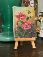 SYGNOWANY OBRAZ MINIATURA NA SZTALUDZE KWIATY MAKI ANDRZEJ PISZCZEK