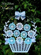 szydełkowy koszyczek z kwiatami 36x29cm niebieski /dekoracja okienna-Juka