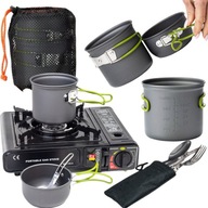DUŻY ZESTAW NACZYŃ TURYSTYCZNYCH 18w1 GARNKI CZAJNIK PATELNIA NA KEMPING