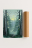 Plakat bez ramy 50x70 cm Mglisty las ze świetlikami – magiczna dekoracja