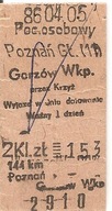 BILET KOLEJOWY -POZNAŃ GŁÓWNY -GORZÓW WKP. -OSOBOWY -1986 ROK