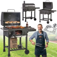 GRILL WĘGLOWY OGRODOWY DUŻY ŻELIWNY Z POKRYWĄ RUSZT 57 x 43 CM TERMOMETR