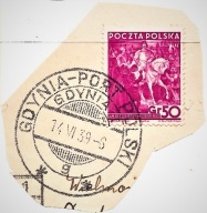 Polski znaczek 50 gr "Jan III Sobieski" na wycinku, GDYNIA PORT 14.06.1939