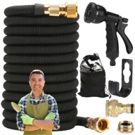 MOCNY WĄŻ OGRODOWY ROZCIĄGLIWY ELASTYCZNY 15m + PISTOLET ZŁĄCZKI Z MOSIĄDZU