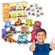 DREWNIANY POCIĄG KOLEJKA CYFRY CYFERKI ZWIERZĄTKA UKŁADANKA PUZZLE WORECZEK