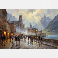 Stare miasto góry jozioro obraz olejny na płótnie 58x85 rynek do salonu art