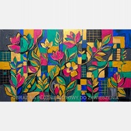 Liście kwiaty geometria abstrakcja obraz olejny na płótnie 55x100 do salonu