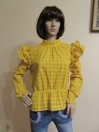 CHI CHI LONDON musztardowa bluzka cała haftowana z falbankami _ M