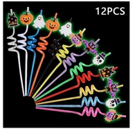 ŚWIECĄCE SŁOMKI HALLOWEEN 12 SZTUK – KOLOROWE ZAKRĘCONE SŁOMKI Z OZDOBAMI