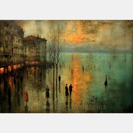 Stare miasto port abstrakcja obraz olejny na płótnie 58x85 jezioro woda art