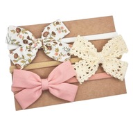 Opaski kokardki zestaw 3 szt biała w kwiatuszki brudny róż i koronka beż