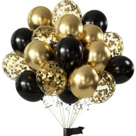Balony czarno-złote z konfetti – zestaw dekoracji na przyjęcie