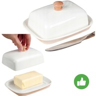 MASELNICZKA CERAMICZNA BIAŁA POJEMNIK NA MASŁO KUCHENNY DREWNIANY MASŁA