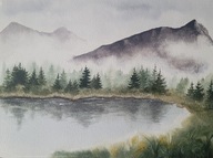 Akwarela Nad jeziorem,góry we mgle,pejzaż leśny, ręcznie malowany obraz, A4