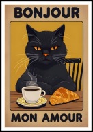 A2 ŚMIESZNY PLAKAT DO KUCHNI KAWIARNI KAWA CROISSANT KOT BONJOUR MON AMOUR