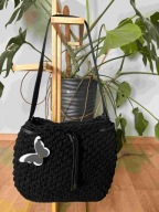 Czarna shopperka z elementami skóry rękodzieło