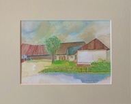 Wiejska chata pejzaż architektura sielanka akwarela na papierze